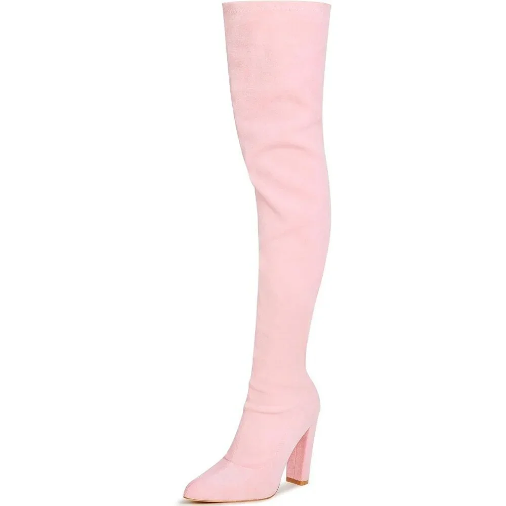Women's Pink Suede Thigh High Boots Pointed Toe Over The Knee High Winter Boot